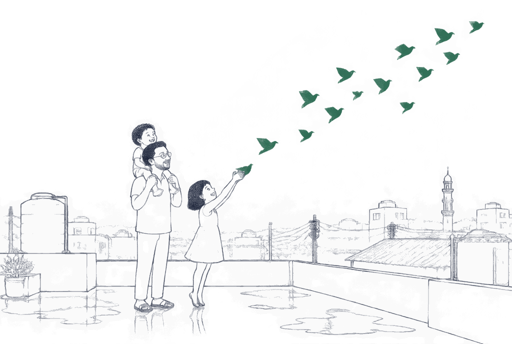 Dawn over Dhaka rooftops; Chithi releases a paper bird while her father, with Chirkut on his shoulders, looks up